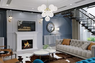 living room fireplace,open staircase,home office,luxury interior design,3d light