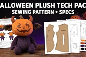 design a halloween plush toy with sewing pattern and tech pack