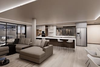 3d luxury living room interior,dining area,island kitchen,photogenic render, skp