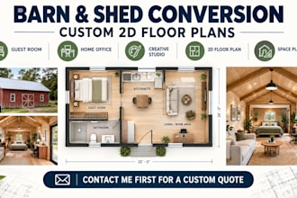 design barn or shed conversion layouts for guest rooms, studios, or offices