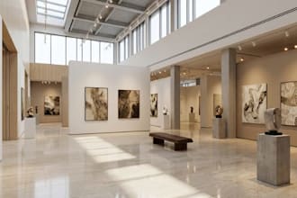 design a 3d realistic art gallery design, 3d museum showroom, 3d art exhibition