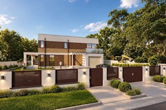 provide 3d house design,balustrade balcony render,paved driveway,accent lighting