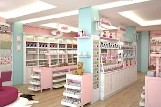 create 3d boutique, baby store, gift shop, retail interior, supermarket design