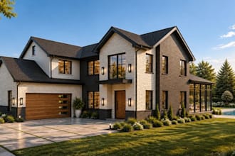 3d modern farmhouse,brick villa exterior,outdoor patio,blend garage,pool render