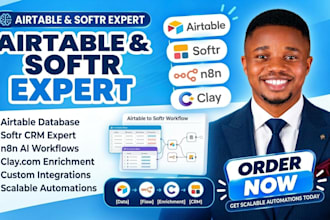 setup airtable database, crm automation, n8n ai, clay com, softr expert