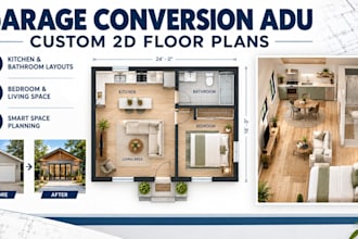 design garage conversion adu floor plans with kitchen, bathroom, and living area