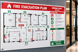 design fire evacuation plan, emergency exit map, escape route and safety sign