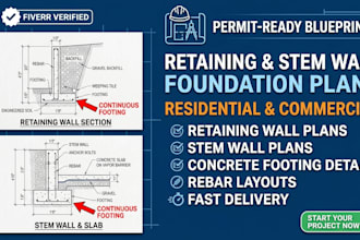 design retaining wall and stem wall foundation plans with footing layout