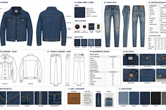 create denim tech pack, jeans tech pack, fashion design and clothing tech pack