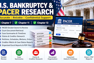 provide US bankruptcy docket research and pacer support