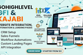 set up gohighlevel, kajabi website integration, automation and landing pages
