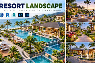 design resort landscape 3d models, outdoor visualisation rendering