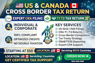 prepare US canada cross border tax return, cra filing, t1 t2 tax return
