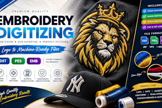do professional logo embroidery digitizing to dst, pes, emb in 1 hour