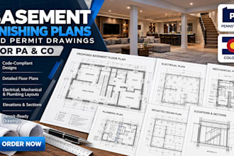 draw basement finishing plans and permit drawings
