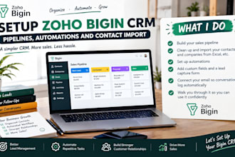 set up zoho bigin CRM pipelines, automations and contact import
