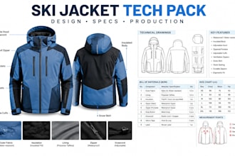 do a professional ski jacket tech pack for apparel production