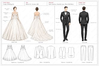 do fashion bridal gown blazer tech pack couple wedding dress with flat sketches