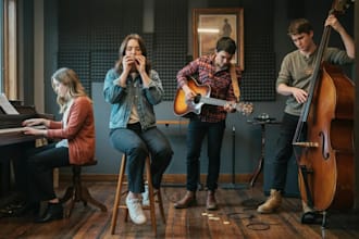record expressive live harmonica, acoustic guitar, upright bass and piano
