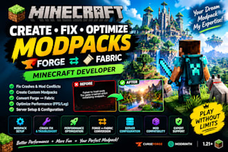 create, fix and optimize modpack minecraft, sever setup, paper, fabric to forge