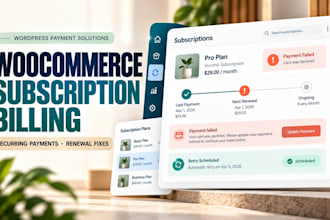 set up woocommerce subscriptions, recurring biling and fix failed renewals