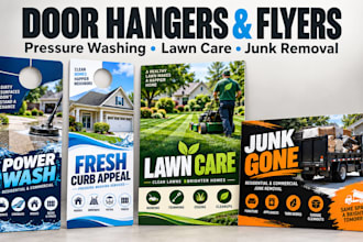 design pressure washing door hanger, lawn care flyer, and junk removal postcards