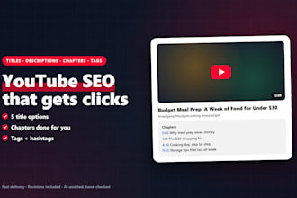 write youtube SEO titles, descriptions, tags and chapters