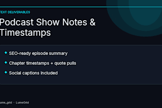 write SEO podcast show notes, timestamps and social captions fast