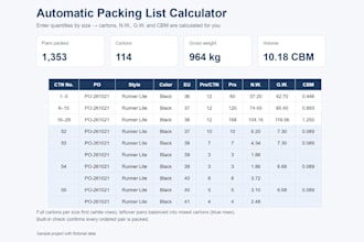 create an automatic excel packing list with cartons, weight and cbm