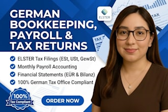 do german bookkeeping, payroll, tax returns via elster, and financial report