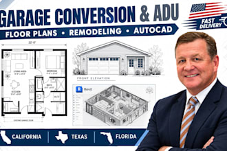 draft garage conversion and adu floor plans in autocad for ca, fl, tx, ga, nj