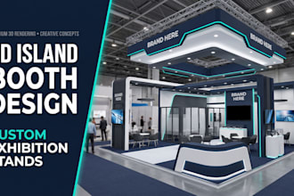 design a custom 3d island exhibition booth with realistic renders