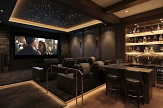design realistic 3d basement interior, game room, home theater 3d rendering