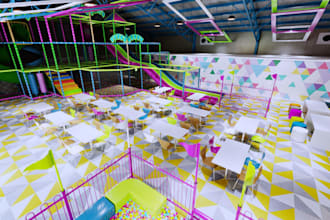 render 3d commercial kids indoor playground,soft play area,cafe interior design