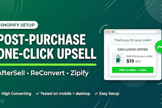 setup post purchase one click upsell with aftersell reconvert  zipify on shopify