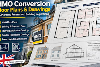 draw hmo conversion floor plans, uk planning permission and council regs drawing