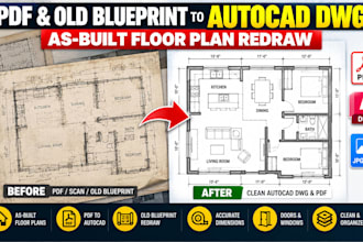 create as built floor plans, redraw PDF and old blueprints into autocad dwg file