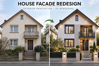redesign house facade, exterior renovation, 3d rendering for modern home design