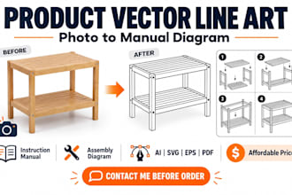 vector trace product photos into instrution manual and assembly diagram line art