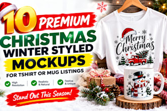 provide 10 premium christmas winter styled mockups for tshirt or mug listings