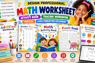 design math worksheet, activity book, tracing workbook, puzzle, latex formatted