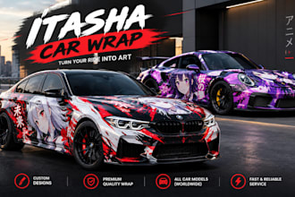 do professional itasha car wrap design, anime car wrap, racing car wrap design
