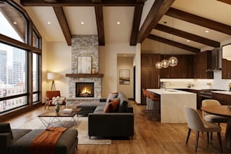 do airbnb apartment design, cabin, shopping list interior design with 3d render