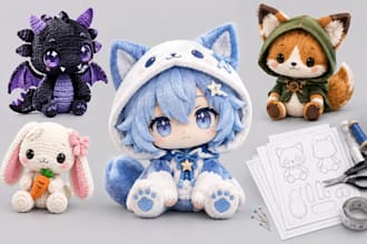 design custom plush toy, ych amigurumi, stuffed animal doll and sewing patterns