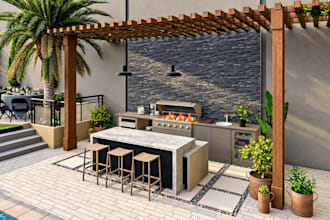 design 3d outdoor kitchen, BBQ island, patio bar, pergola, 2d terrace layout
