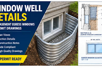 draft basement egress window plans, window well details and permit drawings