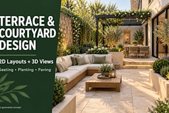 design terrace and courtyard layouts with outdoor seating and 3d garden views
