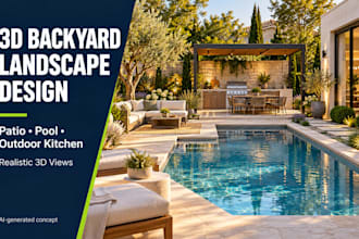 design 3d backyard landscape patio, pool and outdoor kitchen rendering autocad