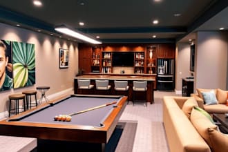design a realistic 3d basement interior and modern living space