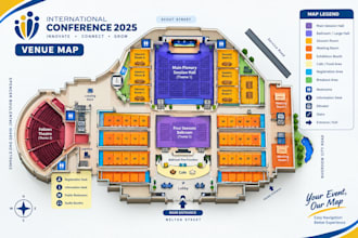 illustrate a conference venue map with registration and session zones